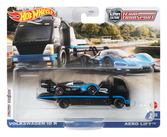 Hot wheels transportator aero lift negru cu masinuta volkswagen id r scara 1:64