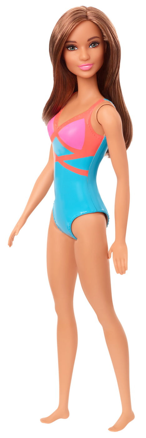 Papusa barbie satena cu costum de baie rosu-albastru