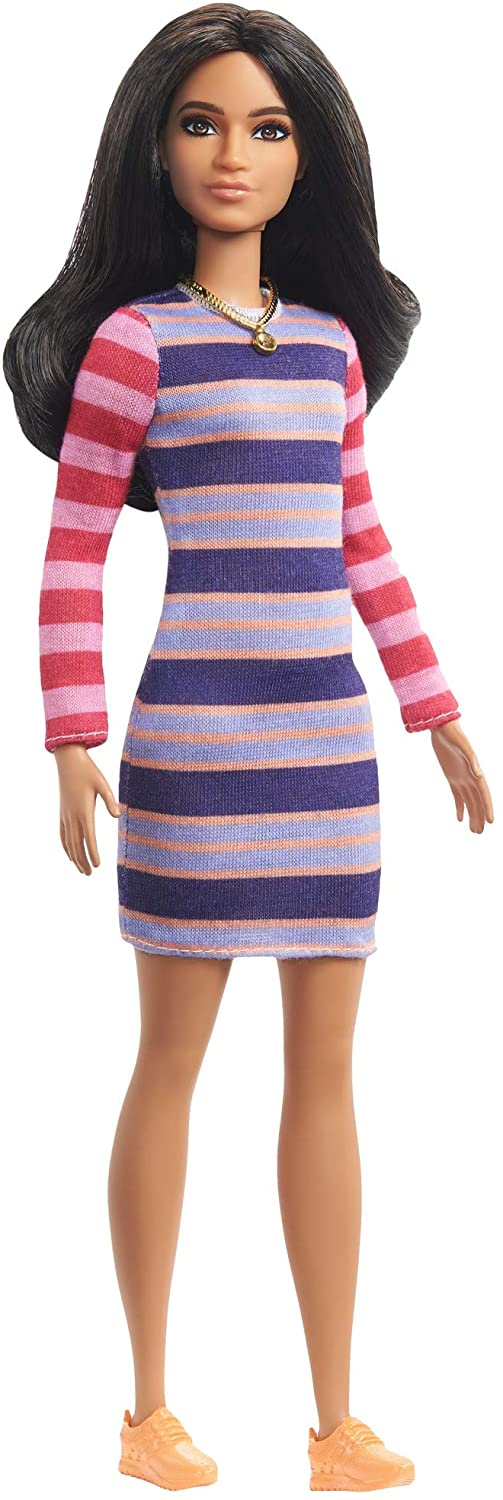 Papusa barbie fashionista bruneta cu rochita cu dungi colorate