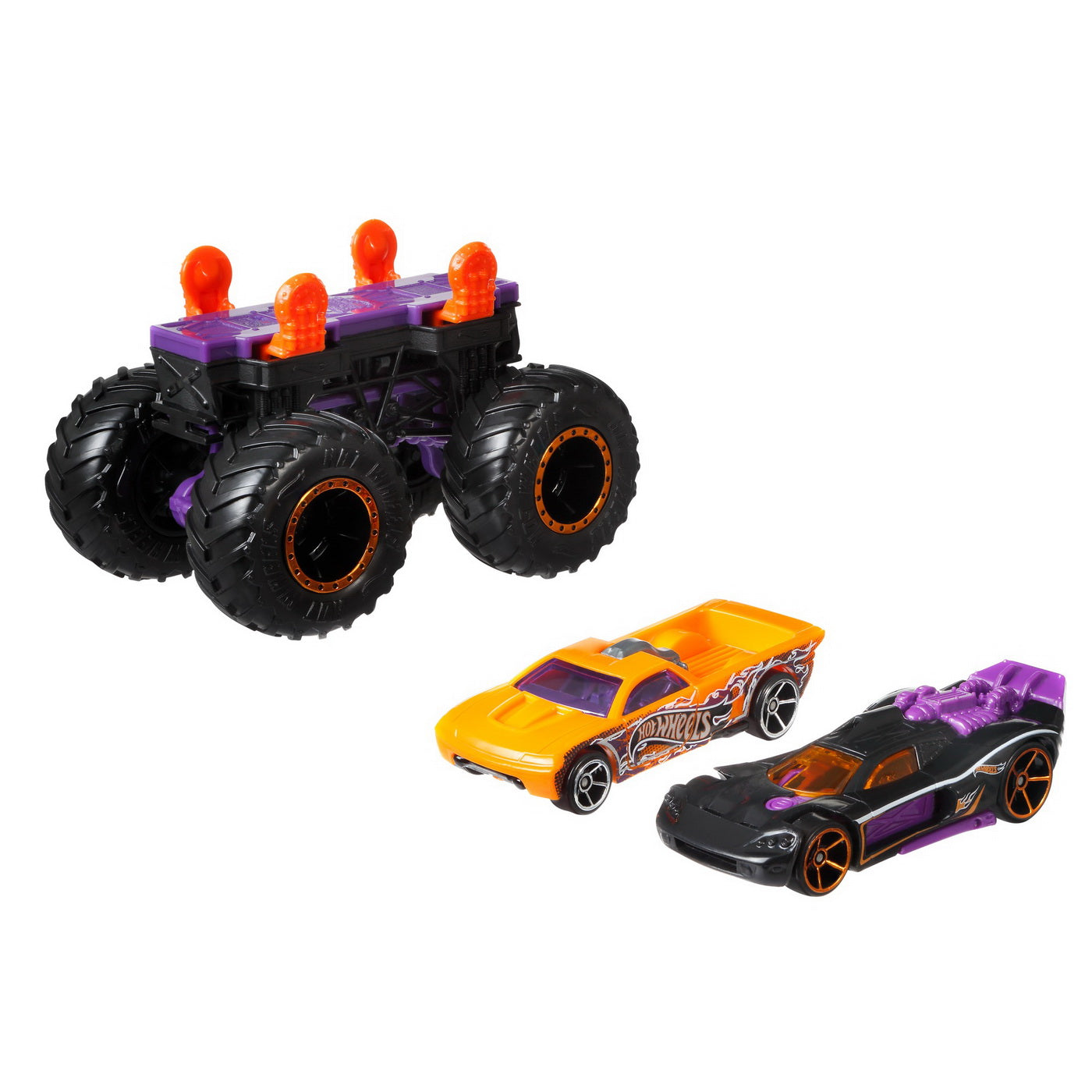 Hot wheels monster truck cu masinute mov si portocaliu