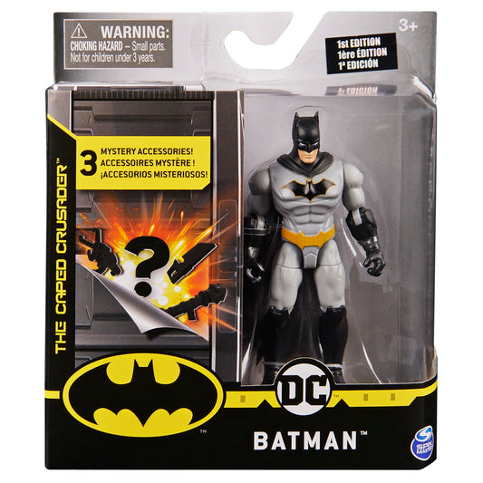 Figurina batman 10cm cu costum gri si 3 accesorii surpriza