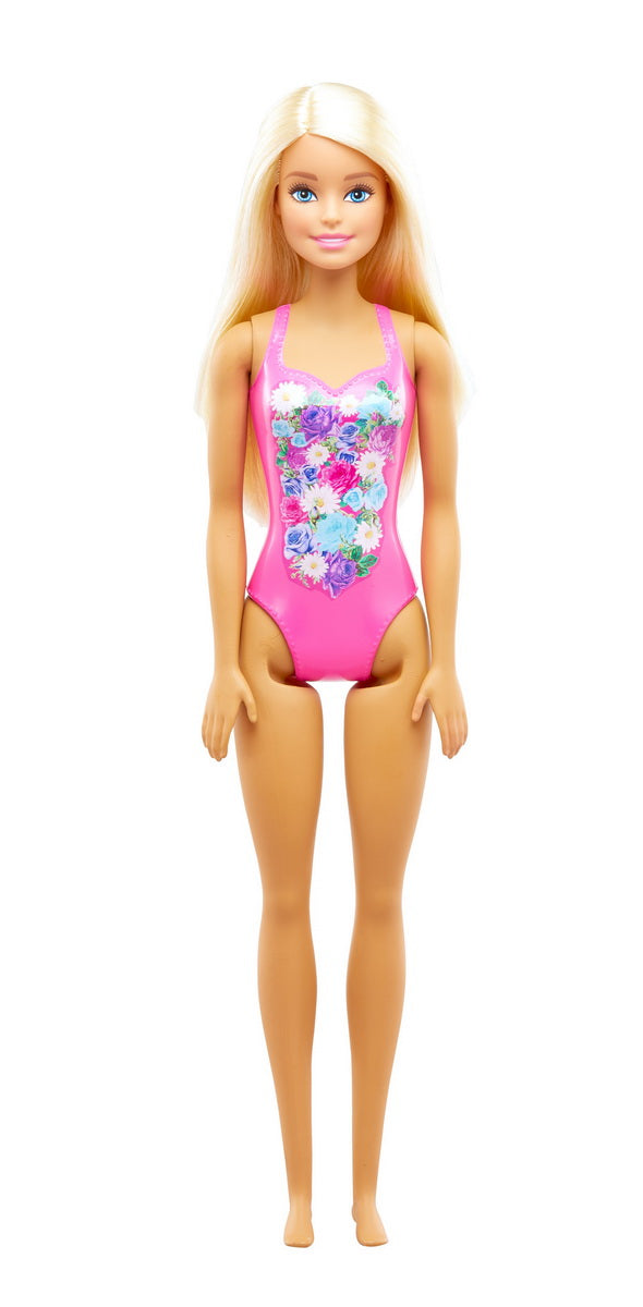 Papusa barbie blonda cu costum de baie inflorat