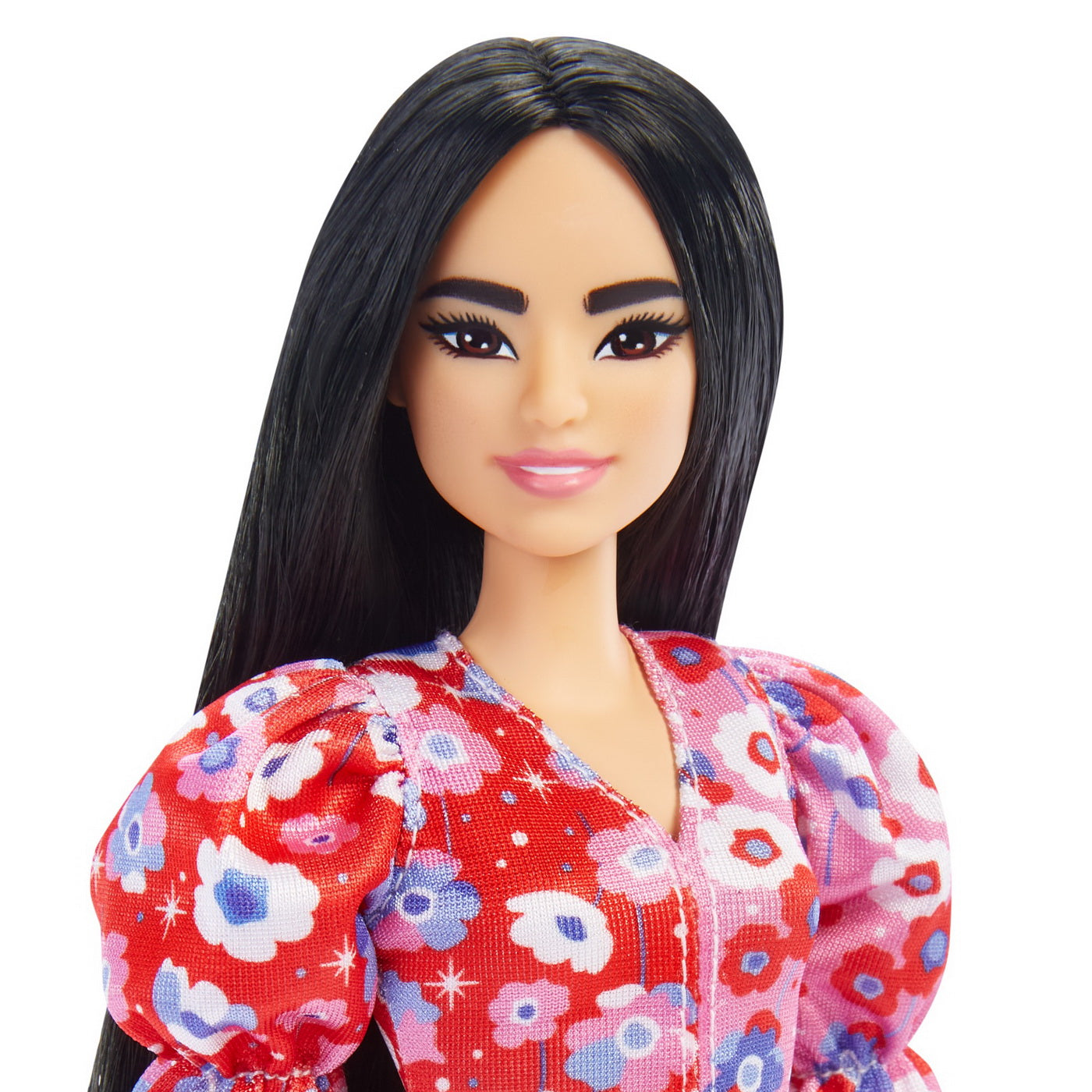 Papusa barbie fashionista bruneta cu rochie rosie cu flori