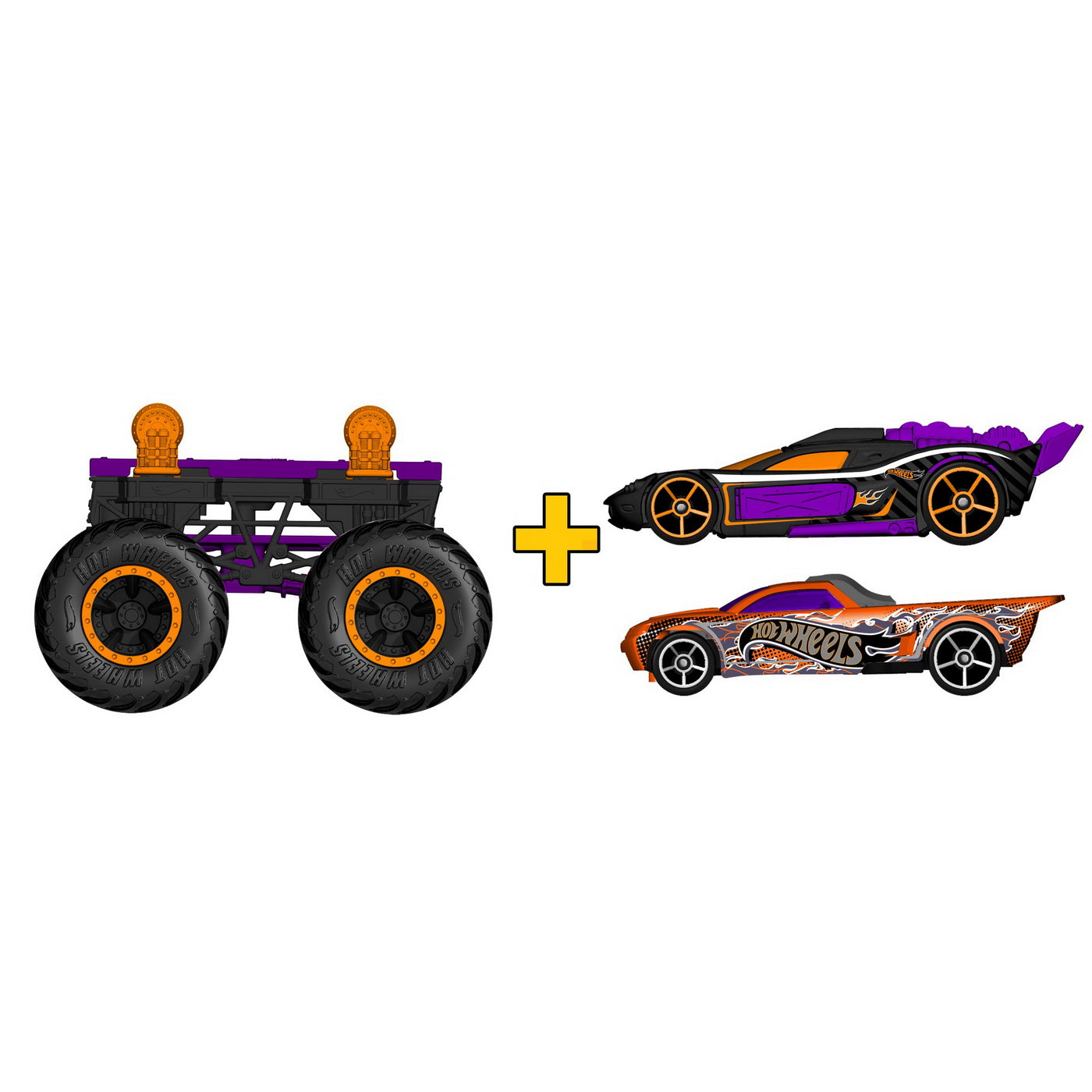 Hot wheels monster truck cu masinute mov si portocaliu