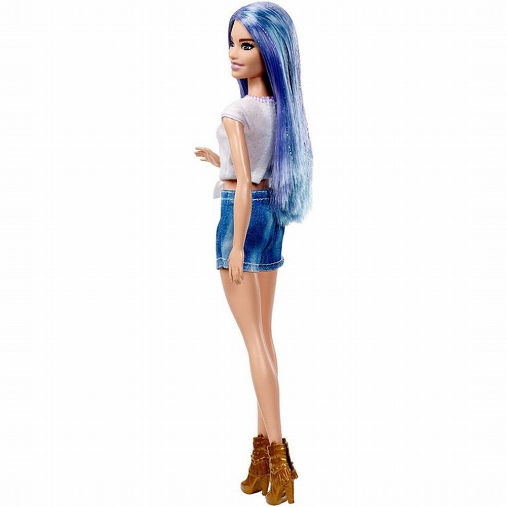 Papusa barbie fashionista cu par stralucitor mov