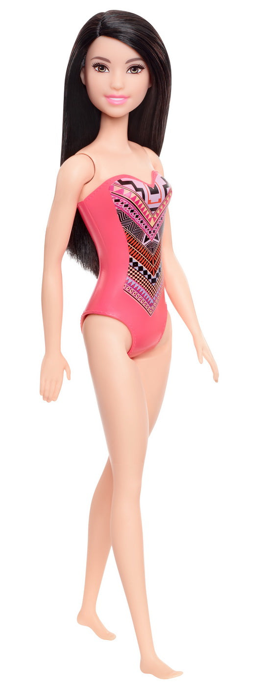 Papusa barbie bruneta cu costum de baie cu modele geometrice