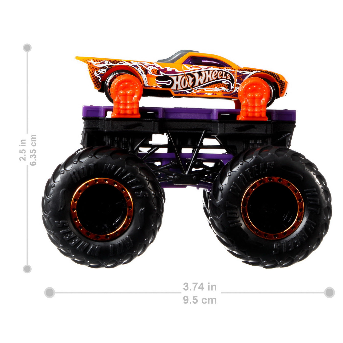 Hot wheels monster truck cu masinute mov si portocaliu