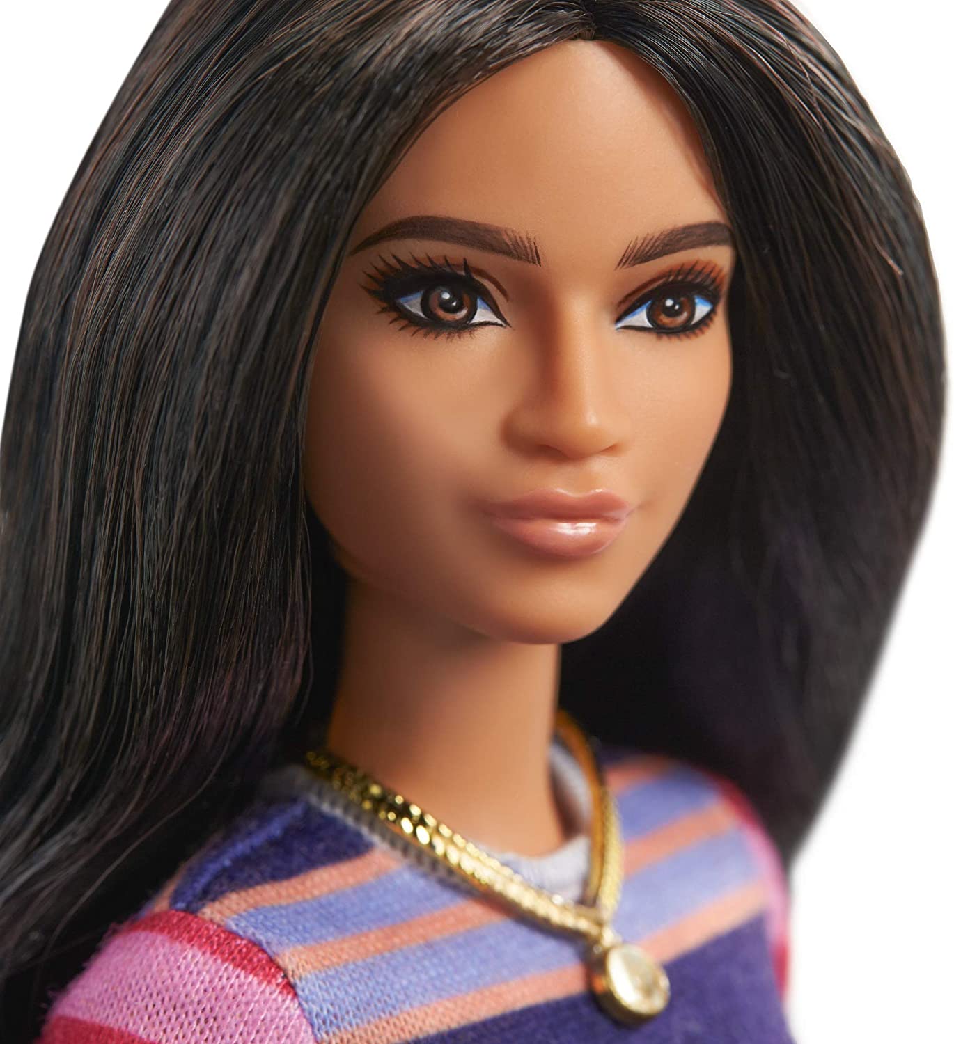 Papusa barbie fashionista bruneta cu rochita cu dungi colorate