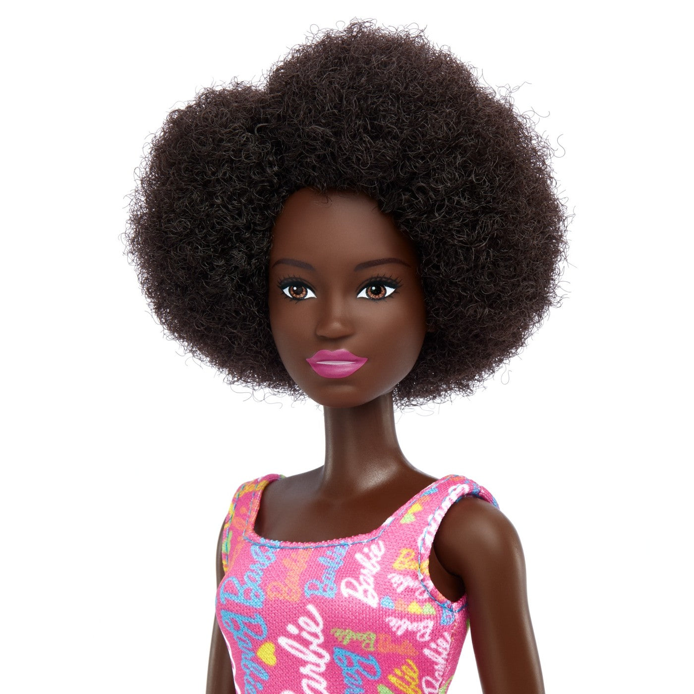 Papusa barbie creola cu par afro si cu rochita roz