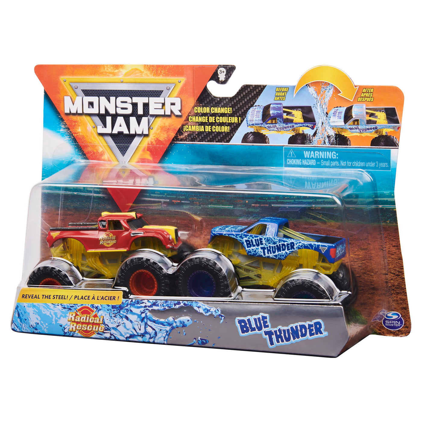 Monster jam set 2 masinute radical rescue si blue thunder color change