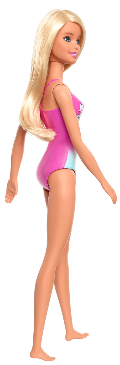 Papusa barbie blonda cu costum de baie in doua culori