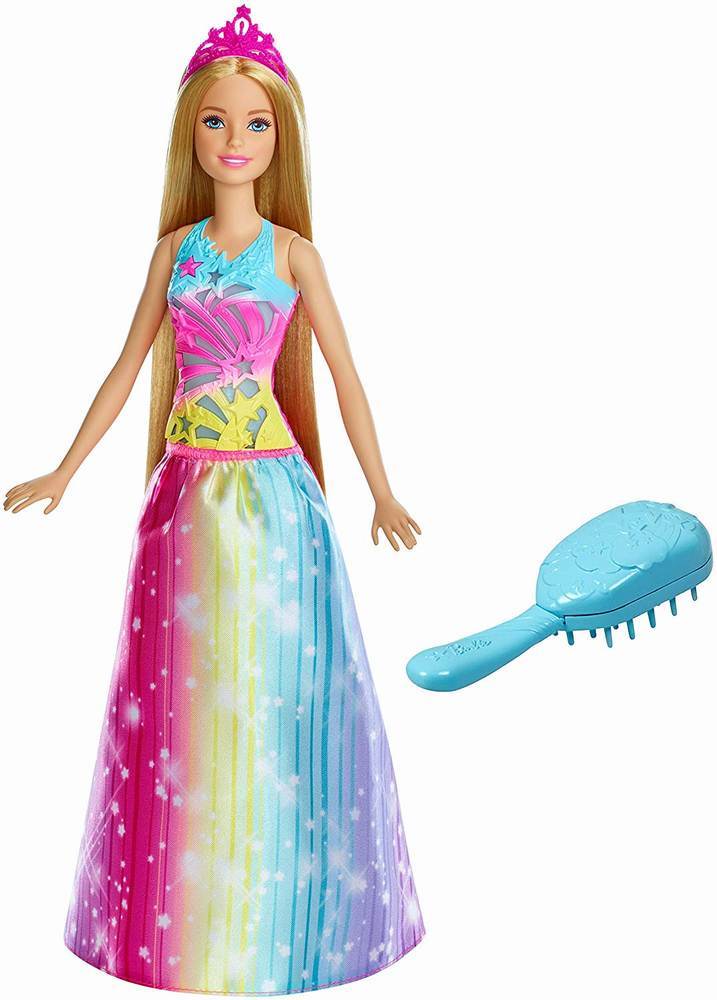 Papusa barbie cu perie si rochita multicolora