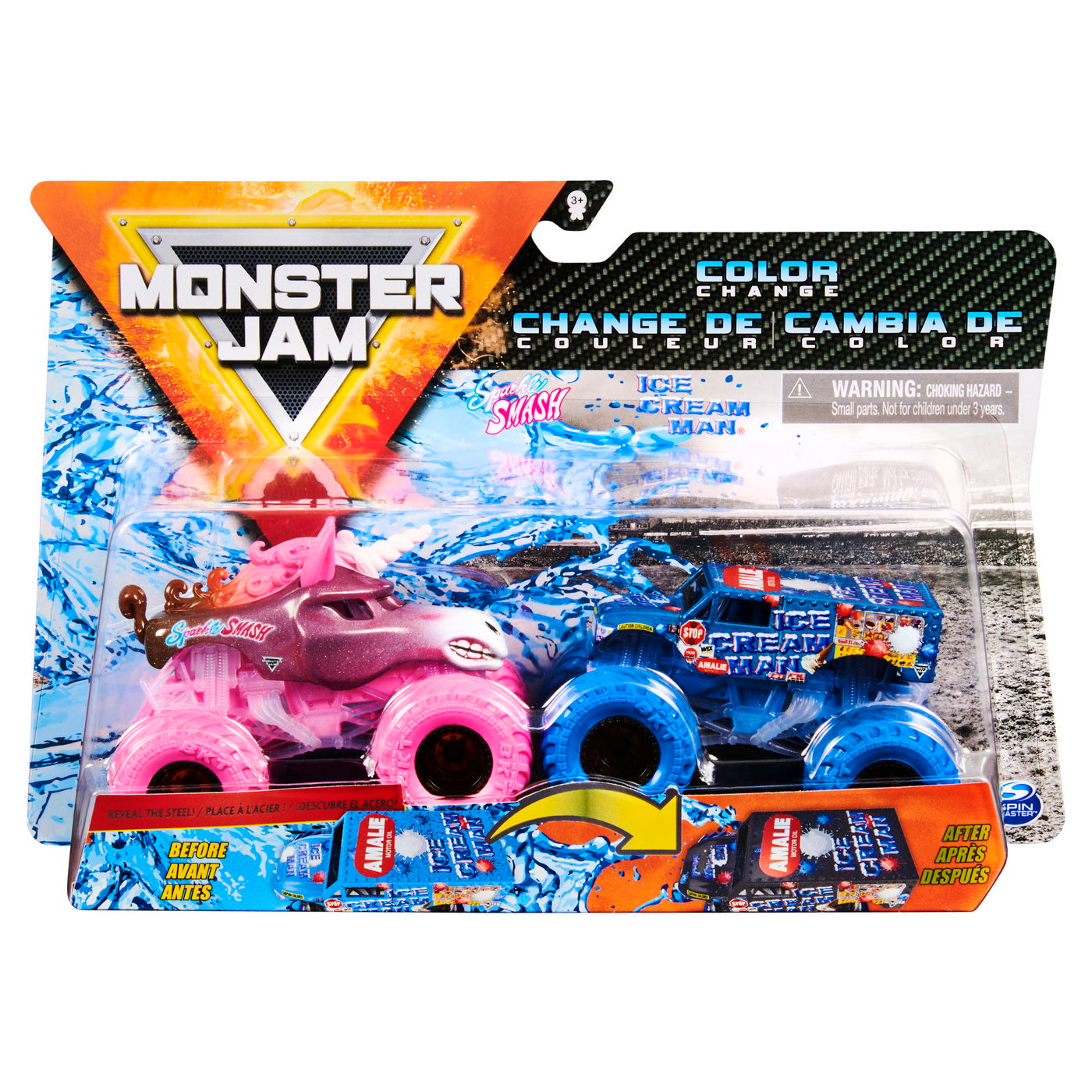 Monster jam set 2 masinute sparkle smash si ice cream man color change