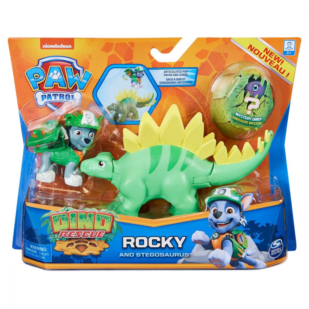 Patrula catelusilor set figurina catelus rocky si dinozaurul stegosaurus