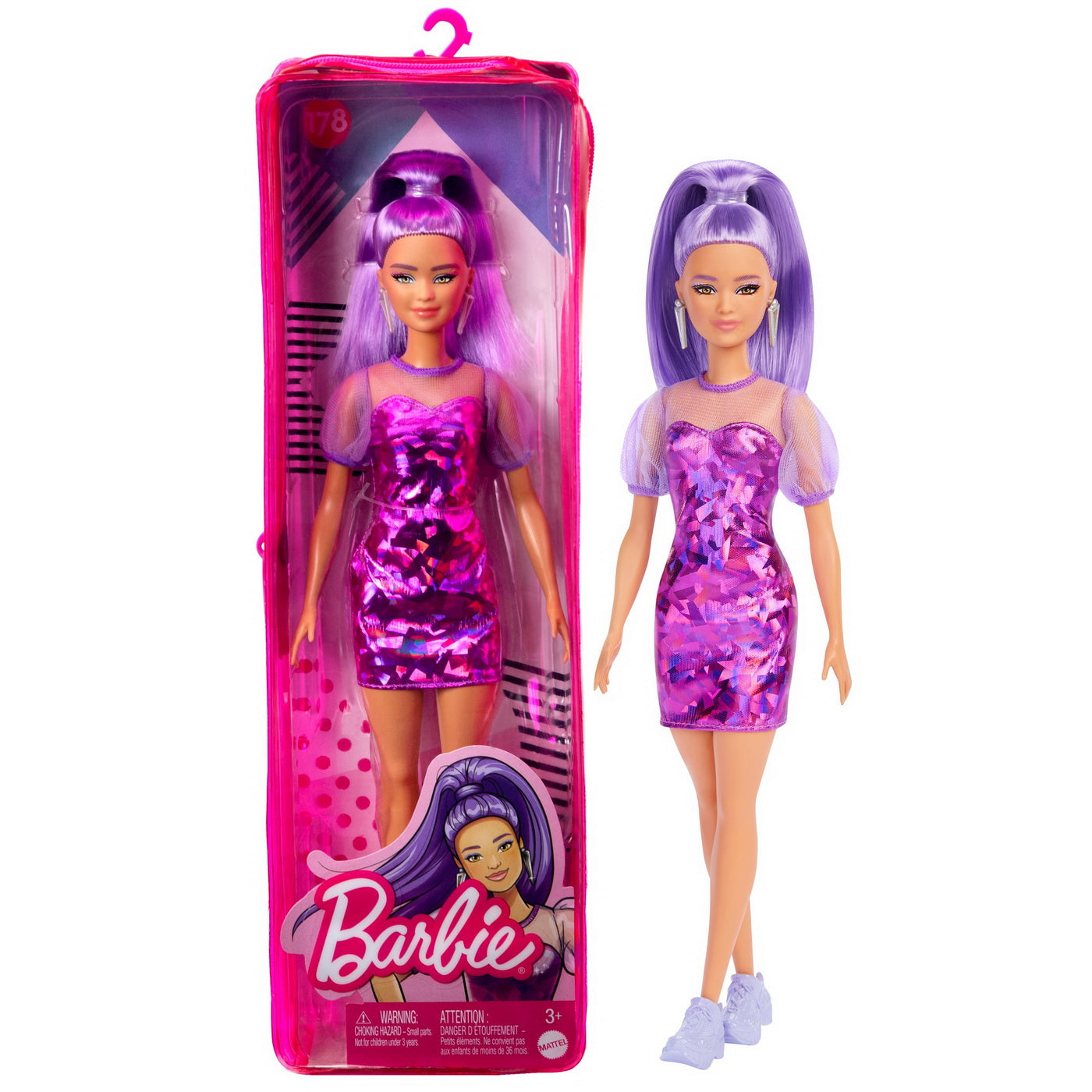 Papusa barbie fashionista cu par mov cu rochie cu umeri bufanti