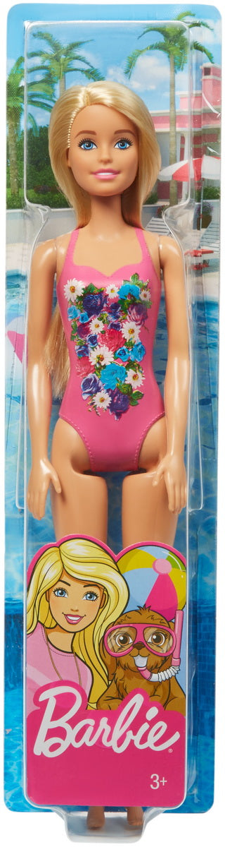 Papusa barbie blonda cu costum de baie inflorat