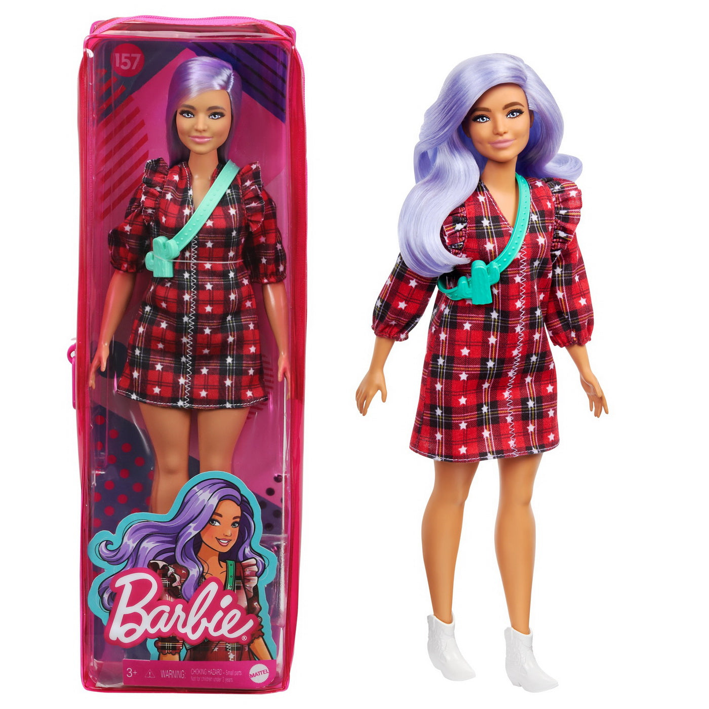 Papusa barbie fashionista cu parul mov si rochita cu stelute