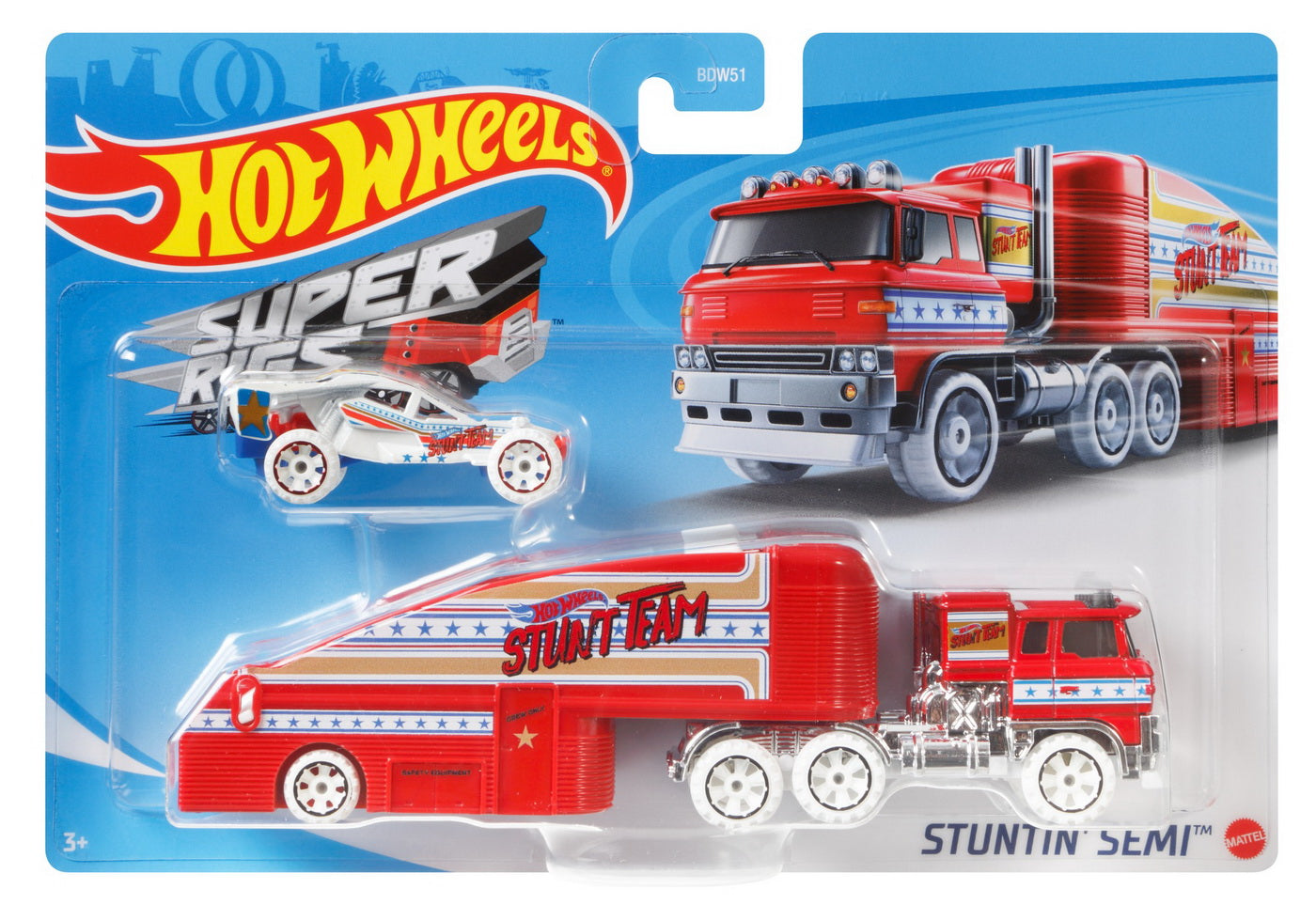 Set camion si masina sport hot wheels white stuntin semi