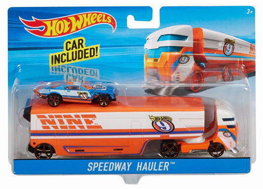 Set camion si masina sport hot wheels speedway hauler