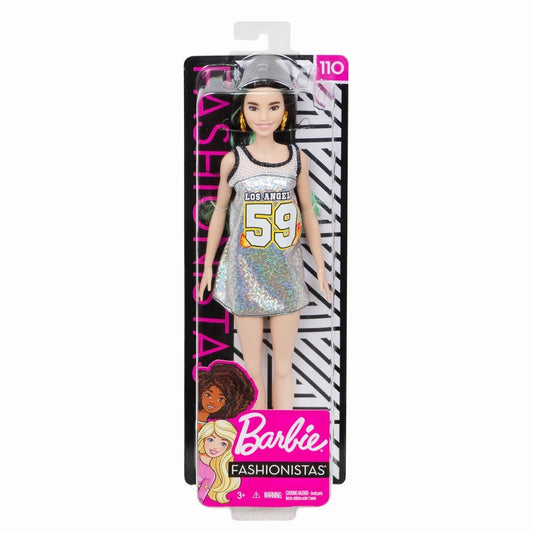 Papusa barbie fashionista bruneta cu rochita sclipitoare