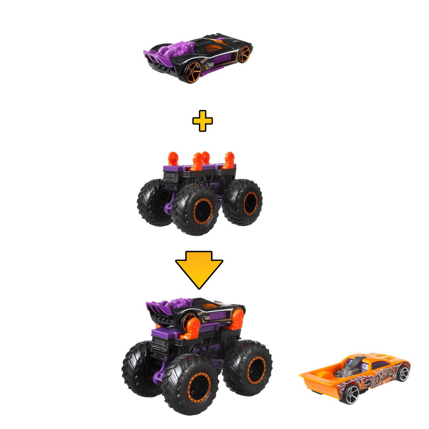 Hot wheels monster truck cu masinute mov si portocaliu