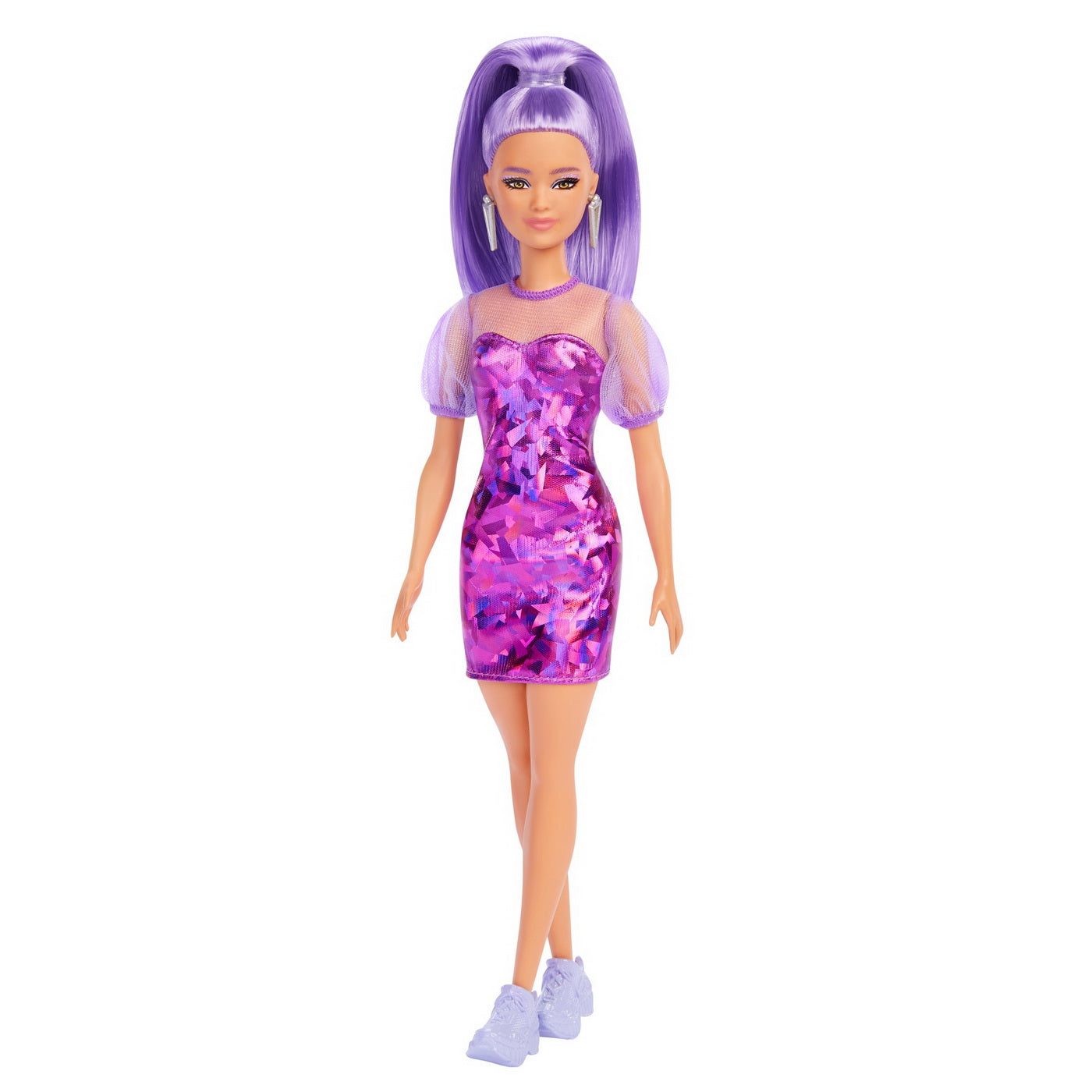 Papusa barbie fashionista cu par mov cu rochie cu umeri bufanti