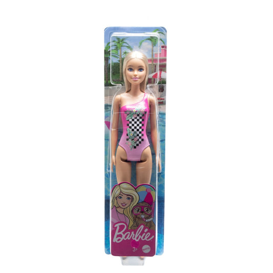 Papusa barbie blonda cu costum de baie roz