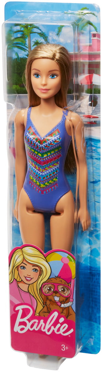 Papusa barbie blonda cu costum de baie cu model multicolor