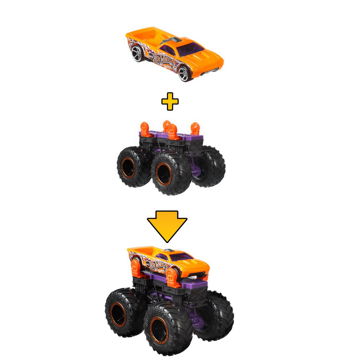 Hot wheels monster truck cu masinute mov si portocaliu