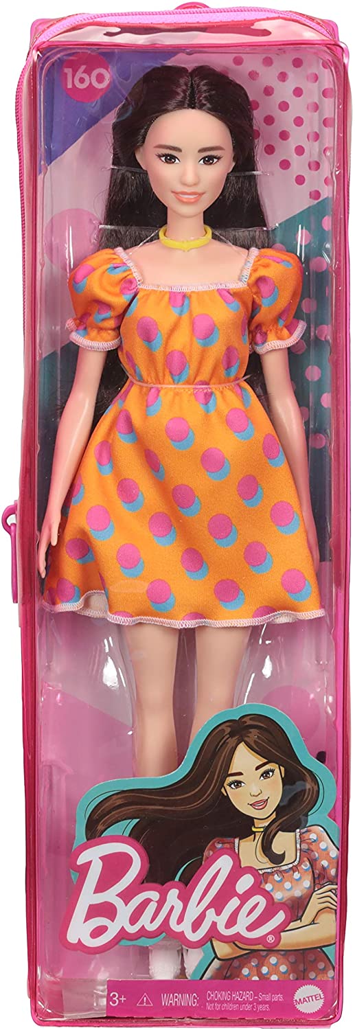 Papusa barbie fashionista satena cu rochita portocalie cu buline