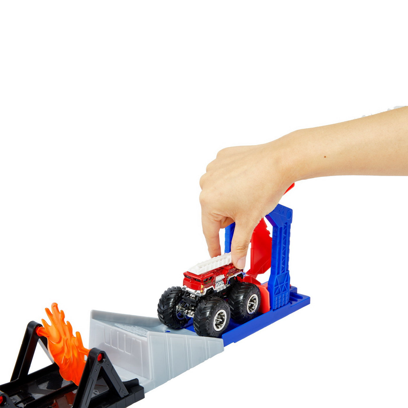 Hot wheels monster truck set fire through