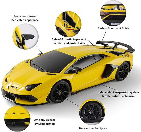 Masina cu telecomanda lamborghini aventador svj galben cu scara 1 la 24