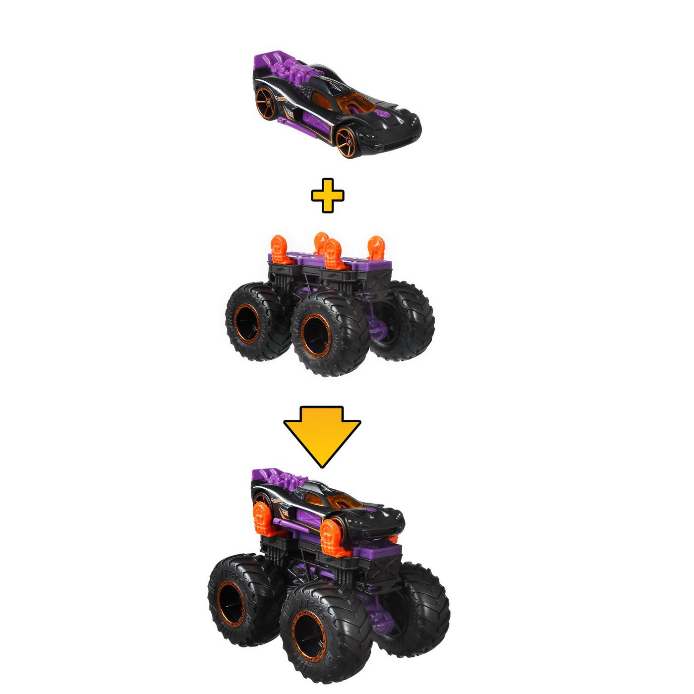 Hot wheels monster truck cu masinute mov si portocaliu