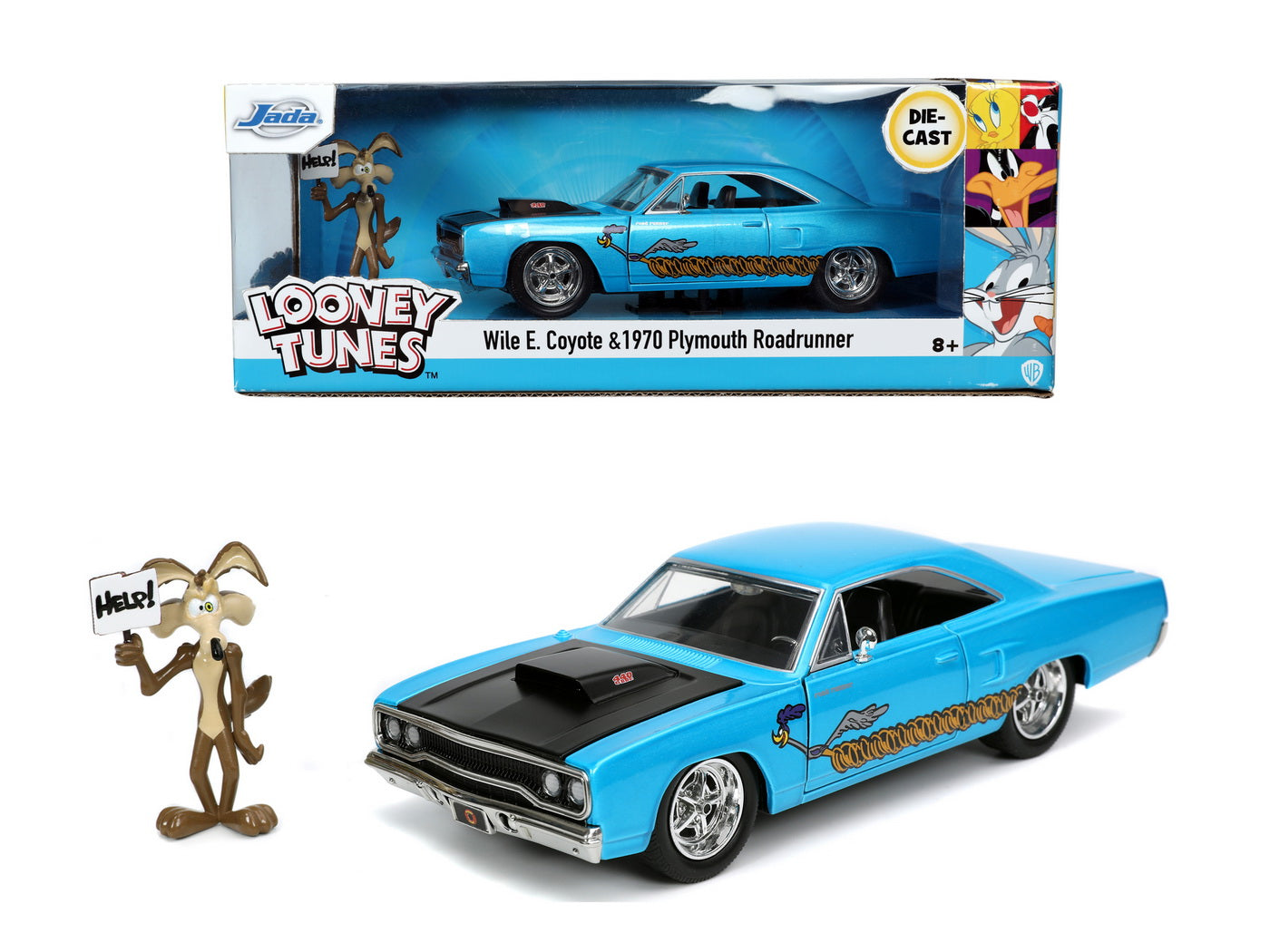 Looney tunes road runner set masinuta metalica  1970 plymouth scara 1:24 si figurina wile e coyote