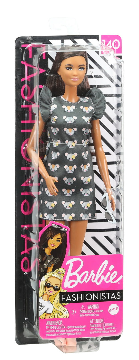 Papusa barbie fashionista bruneta cu rochita mouse print