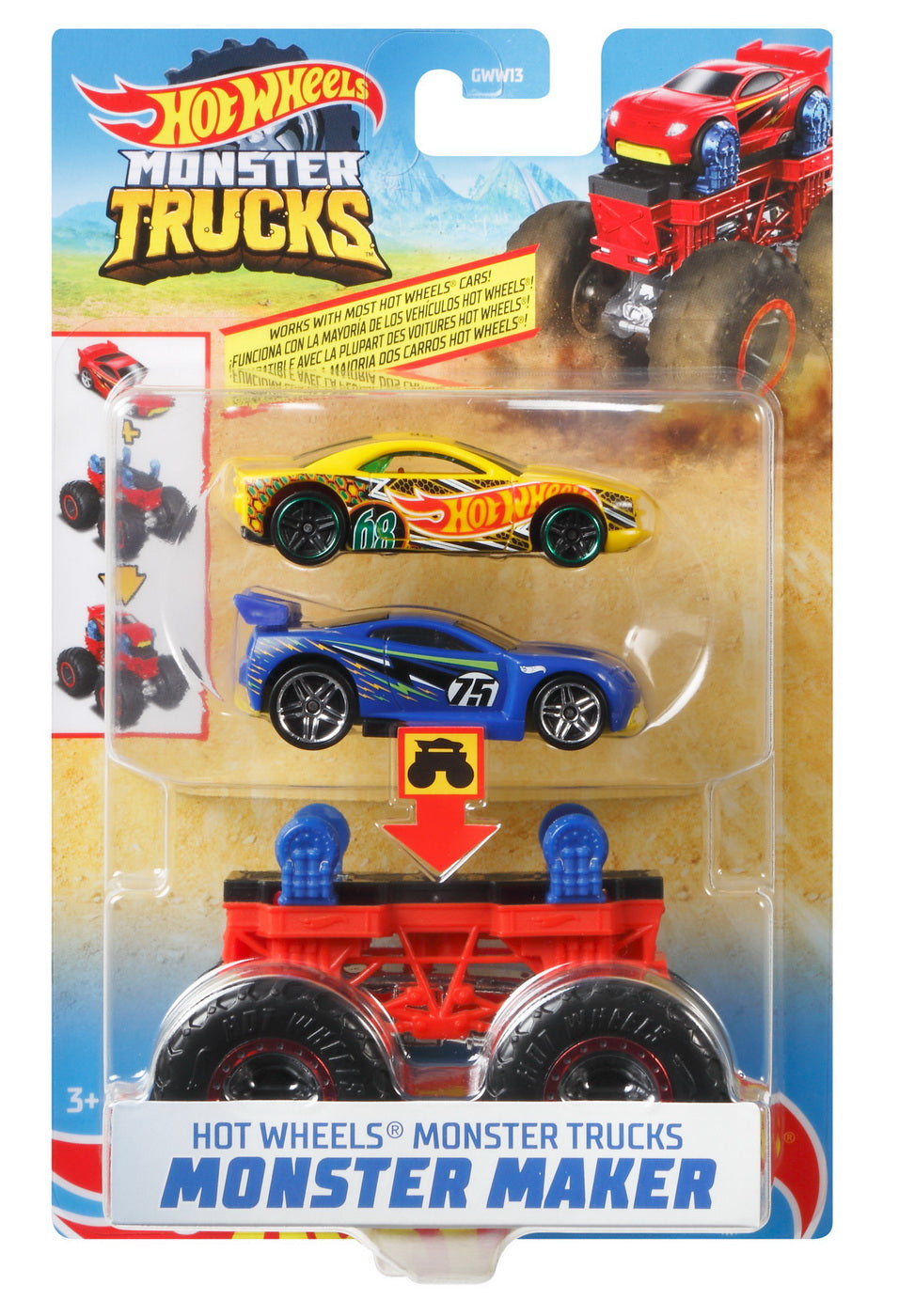 Hot wheels monster truck cu masinute galben si albastru