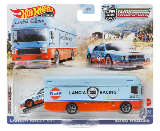 Hot wheels transportator euro hauler  cu masinuta lancia rally 037scara 1:64