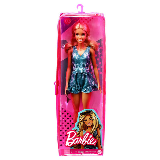 Papusa barbie fashionista blonda cu tinuta casual albastra si ochelari de soare