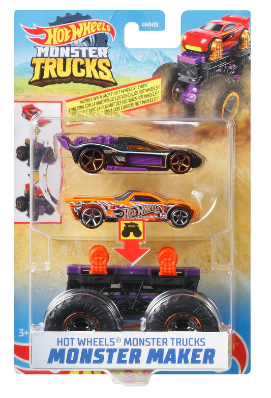 Hot wheels monster truck cu masinute mov si portocaliu